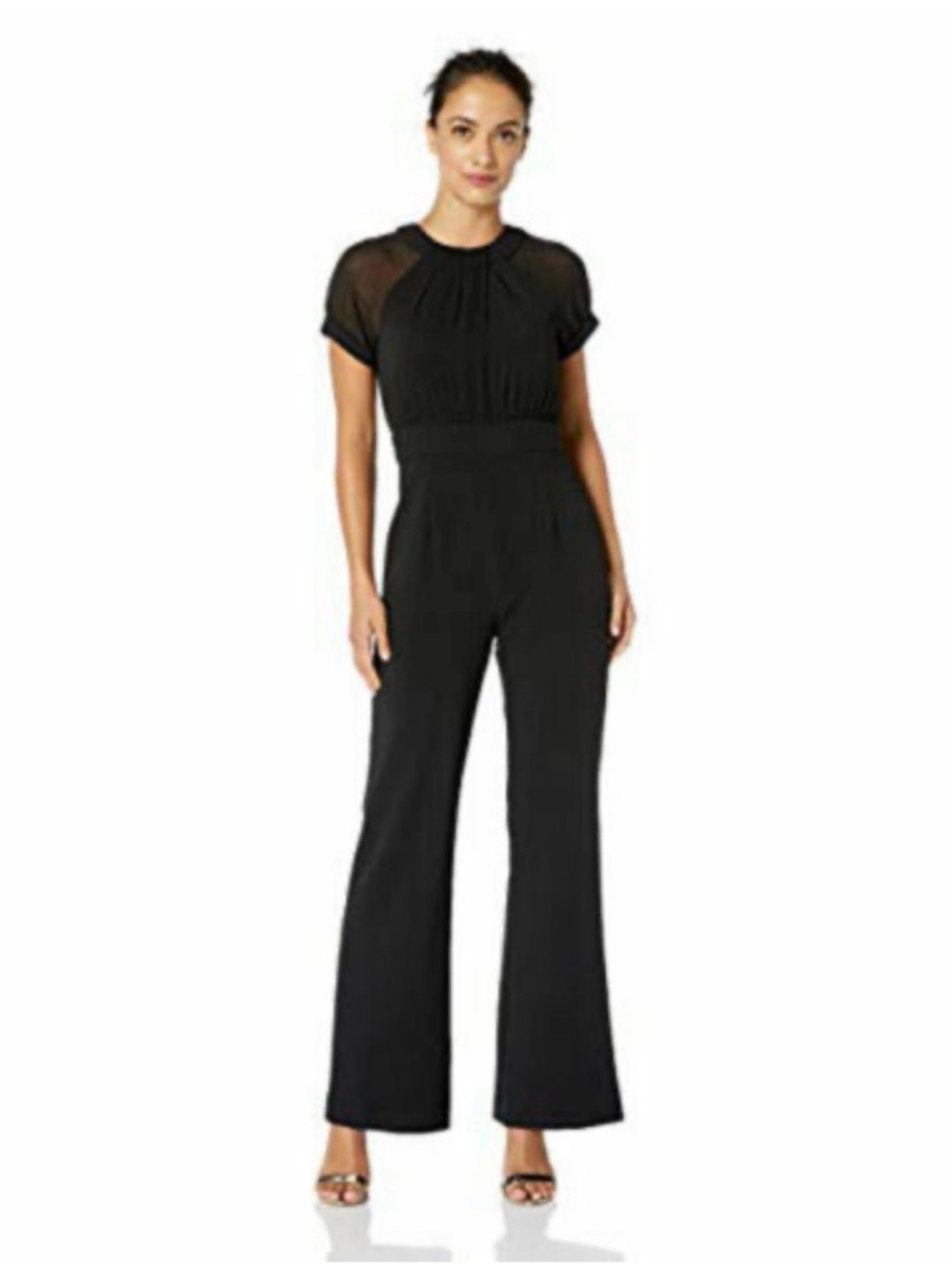 Vince Camuto Black Short-Sleeve Wide-Leg Jumpsuit with Sheer Yoke